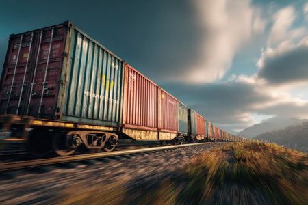 A train carrying branded shipping containers moves swiftly through a picturesque countryside, symbolizing sustainable long-haul logistics. Captured with realistic motion blur.の素材