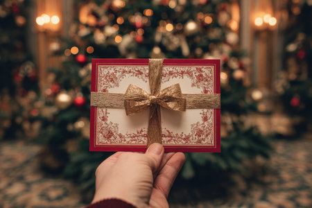 Hands present a red card adorned with an ornate golden ribbon, set against a vintage Christmas tree. The scene evokes nostalgic, warm tones and a retro holiday atmosphere.の素材