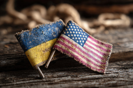 Weathered-style miniature Ukraine and USA flags made of textured aged fabric, displayed on a rustic wood surface. The scene evokes a nostalgic atmosphere with warm tonal lighting.の素材