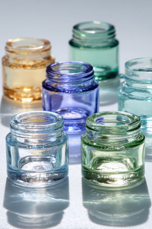 High-key lighting highlights glass sample jars with varying clarity and colors, ideal for e-commerce. The clean, minimalist composition emphasizes the jars' textures and transparency.の素材