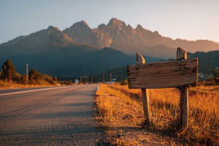 A rustic wooden sign stands beside a tranquil road with majestic mountains in the background, bathed in a warm, natural glow, creating a serene travel-inspiration aesthetic.の素材
