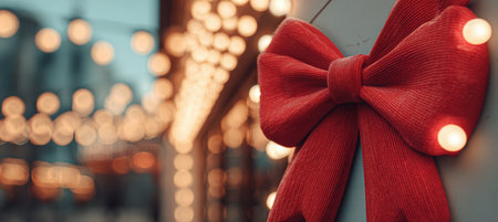Close-up of a vibrant red bow on holiday signage, set against a backdrop of blurred, glowing lights. The image captures a minimalist festive atmosphere with warm tones.の素材