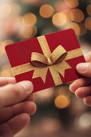 Detailed close-up of a red gift card adorned with a gold bow, being handed over. Warm Christmas bokeh lights create an emotional and festive mood in the background.の素材