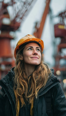 High-detail portrait of a female engineer wearing a hard hat, with blurred cranes and beams in the background. Captured in cinematic natural light, showcasing industrial realism.の素材