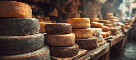 A collection of goat and cow cheeses is artfully stacked in a market stall. The scene captures daylight tones and a rustic background, evoking an authentic artisanal mood.の素材