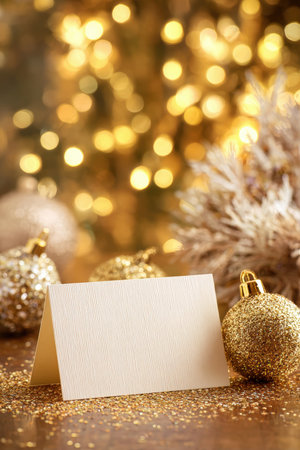 Close-up of a blank winter greeting card surrounded by glittering decorations. Dreamy golden bokeh fills the background, creating a festive and elegant holiday atmosphere.の素材