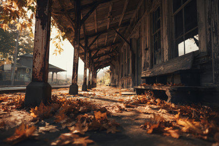 Explore an old, abandoned train station covered in autumn leaves and rust. The cinematic lighting and nostalgic tone make it ideal for storytelling visuals or editorial projects.の素材