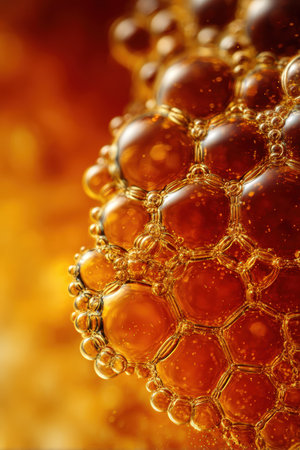 Macro image showcasing amber bubbles forming a geometric structure. The warm, minimal palette enhances the clarity and premium aesthetic, ideal for brewing visuals.の素材
