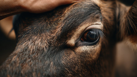 Macro-style photo capturing a farmer's hand gently touching a cow's head. The image highlights the detailed texture of the cow's fur and skin, with a warm, emotional tone.の素材