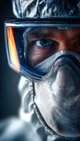 Cinematic close-up portrait of a laboratory professional wearing full protective gear. Goggles reflect lab instruments, highlighting detailed lighting and realism in the image.の素材