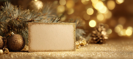 A blank card with a soft paper texture is surrounded by glittering ornaments and pine branches. The golden holiday bokeh backdrop creates a warm, dreamy atmosphere in this close-up.の素材