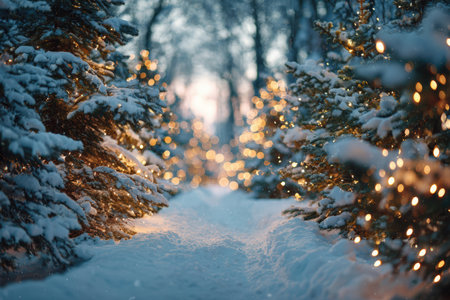 A serene snowy forest path lined with Christmas trees adorned in warm glowing lights. Soft powdery snow covers the branches, creating a magical winter atmosphere with golden bokeh.の素材
