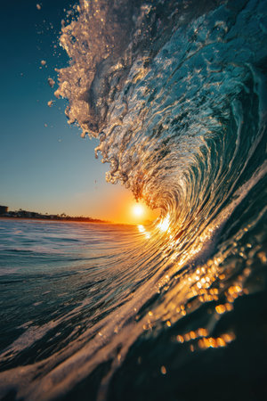 A stunning barrel wave captured in motion, illuminated by a glowing sunset. The image blends warm and cool tones, creating a surreal and artistic depiction of natural ocean beauty.の素材