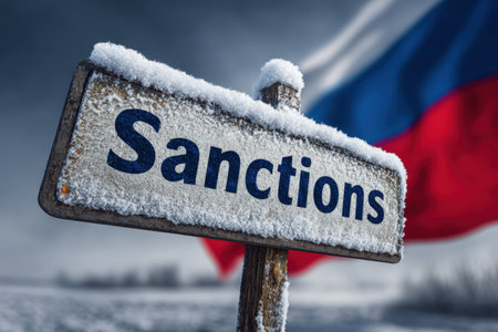 A snow-covered road sign labeled "Sanctions" stands prominently with the Russian flag in the background, set against a cold, muted sky, conveying a strong symbolic narrative.の素材