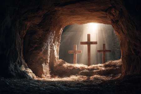 A cinematic scene of glowing sunlight illuminating three crosses through a tomb entrance, creating a divine and serene morning atmosphere. The soft light enhances the spiritual tone.の素材
