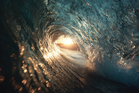 Experience the breathtaking view from inside a wave tube at sunset. The glowing sunlight through the ocean water creates a dramatic contrast, capturing cinematic realism and motion.の素材