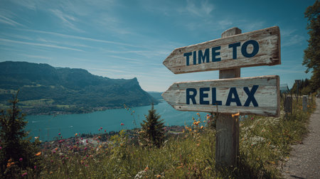 A handmade wooden arrow sign with "Time to Relax" text stands by a roadside overlook, offering a stunning view of a deep-blue lake and mountains, evoking a breezy summer holiday mood.の素材