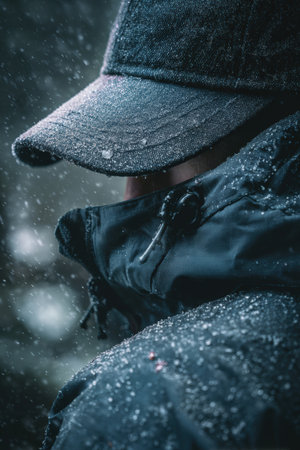 Detailed macro shot of frost-covered jacket and hat of a hiker, set against a blurred, snowing background. The image features soft cold tones, capturing the essence of winter.の素材