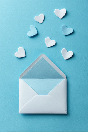 A delicate composition featuring an open envelope with scattered white hearts on a pastel cyan background, symbolizing romantic messages. Captured in a clean, cinematic style.の素材