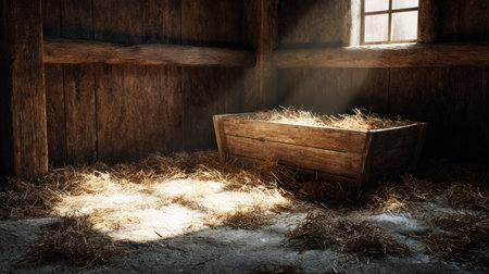 A nativity-inspired stable interior featuring an empty wooden manger bathed in warm, heavenly light. Straw shimmers softly, casting a dramatic cross shadow on the ground.の素材