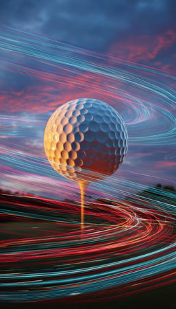Artistic image of a glowing golf ball mid-flight with vibrant light trails across an evening sky. Captured using long exposure, creating a surreal and dynamic visual effect.の素材
