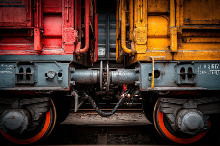 Detailed close-up of a train coupling system between two wagons, highlighting industrial metal textures and strong lighting contrast, ideal for mechanical and industrial visuals.の素材