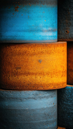 Macro shot of stacked steel tubes showcasing contrasting orange rust and blue-gray metal. The industrial minimalism is highlighted by cinematic lighting, creating a striking visual.の素材