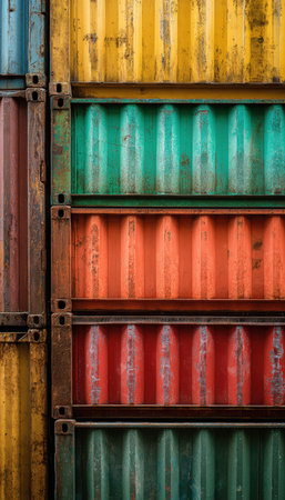 High-resolution close-up of stacked shipping containers showcasing diverse textures, wear, and vibrant color variations, highlighting industrial aesthetics and composition.の素材
