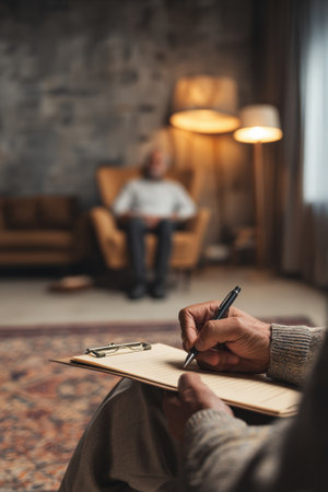 A counselor with neatly groomed hands writes on a clipboard in a therapeutic room. The setting features earth-tone dÃ©cor, with a blurred client in a thoughtful posture, creating a serene atmosphere.の素材