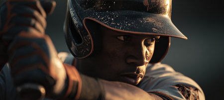 A baseball player with a gleaming helmet and powerful batting posture is captured in action. Dramatic shadows enhance the scene, with an opposing player blurred in the background.の素材