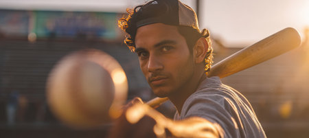 A young athlete with a modern composite bat focuses intently as a baseball hovers mid-flight. Captured outdoors during golden hour, the scene features dramatic lighting and shadows.の素材
