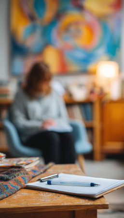 An art therapy environment featuring colorful materials. A therapist is taking notes on progress, with a client blurred in soft pastel lighting, creating an expressive mood.の素材