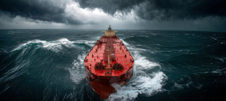 A striking image of an oil tanker with a bright red hull navigating through stormy seas. Dark clouds loom overhead, creating a dramatic contrast with the churning waves.の素材
