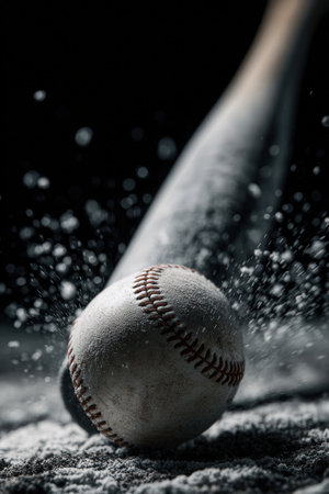 Intense close-up of a baseball just leaving the bat, captured in high-speed photography. The image highlights the dynamic impact moment with sharp detail and dramatic motion.の素材