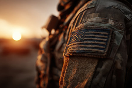 Cinematic scene featuring a close-up of an American flag patch on a combat uniform. Warm sunset tones evoke gratitude and an emotional military atmosphere.の素材