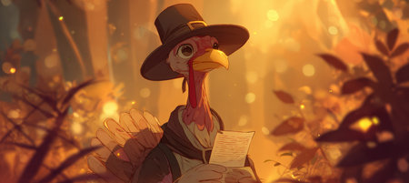 A stylized turkey dressed in pilgrim attire holds a message card amidst glowing amber foliage. The soft fantasy lighting and clean composition highlight the character's charm.の素材