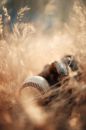A soft-focus image of a baseball nestled in long summer grass, with a glove barely visible. The scene is bathed in warm, nostalgic tones, evoking a sense of summer nostalgia.の素材