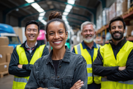 A diverse group of supply chain employees confidently stand in their respective workplaces, including a warehouse, truck yard, office, and retail store, showcasing teamwork and diversity.の素材