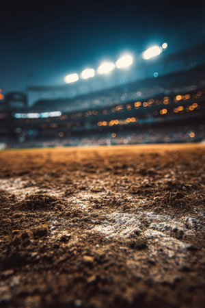 Detailed close-up of infield dirt illuminated by stadium lights, with a blurred outfield in the background, capturing the serene ambiance of a sports field at night.の素材
