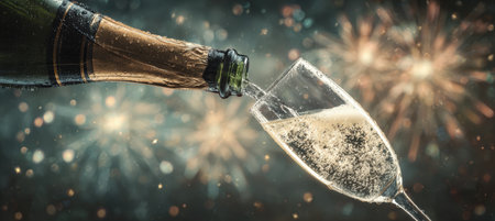 Artistic image of champagne being poured into a glass against a glowing holiday background with subtle fireworks, creating a luxurious and festive atmosphere.の素材