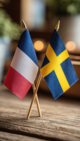 Miniature flags of France and Sweden rest on a wooden platform, set against a subtly blurred background. The image conveys a clean and peaceful negotiation mood.の素材