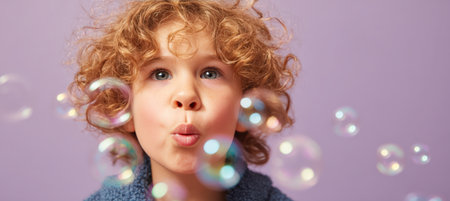A joyful 8-year-old child blows bubbles, creating a playful scene with bubbles floating in the foreground. The pastel violet backdrop and bright lighting enhance the cheerful mood.の素材