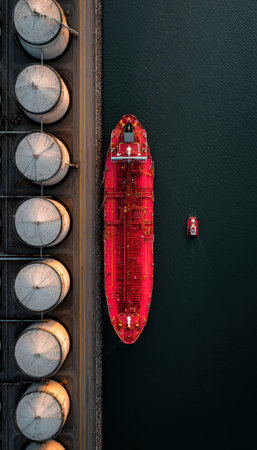 Aerial shot of a red hull tanker unloading at a coastal energy terminal. Symmetrical storage drums line the shore, creating a calm industrial scene with minimal shadows.の素材