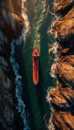 Aerial shot of an LNG vessel passing through narrow rocky cliffs, with strong sunlight casting long shadows. The dramatic landscape and vibrant colors create an adventurous visual style.の素材