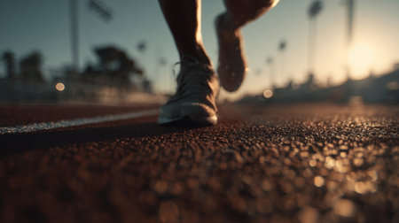 Low-angle view of an athlete's legs ready to sprint on a track, captured in warm light tones with cinematic detail, emphasizing motion and athleticism.の素材