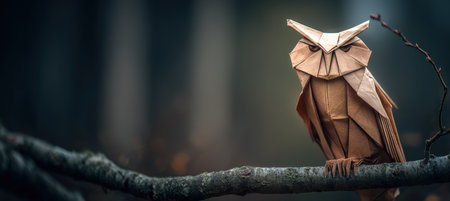 Detailed origami owl crafted from brown and beige paper, perched on a tree branch. Captured in twilight lighting with natural forest tones, showcasing wildlife photography style.の素材