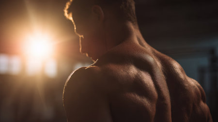 A bodybuilder trains in a gym, highlighted by a dramatic backlit effect. Sunlight creates a striking rim light, emphasizing muscle definition in a modern fitness editorial style.の素材
