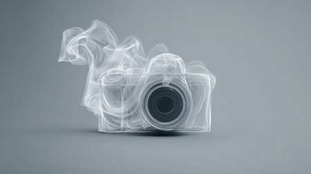 A camera icon crafted from layered smoke forms, subtly outlined on a soft monochrome background. Ideal for photography business branding or media-related projects.の素材