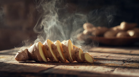 Macro shot of sliced ginger roots on a dark wooden table with soft steam rising, creating a cozy herbal atmosphere. Captured in cinematic morning light for a realistic effect.の素材