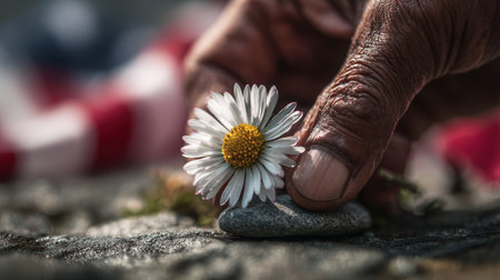 A close-up image captures a veteran's hand placing a white daisy beside a symbolic stone. The background features a golden blur, creating a serene and respectful Veterans Day tribute.の素材